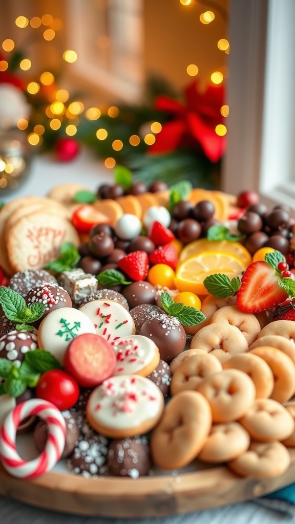 A festive charcuterie board with assorted Christmas desserts including cookies, chocolates, and fruits.